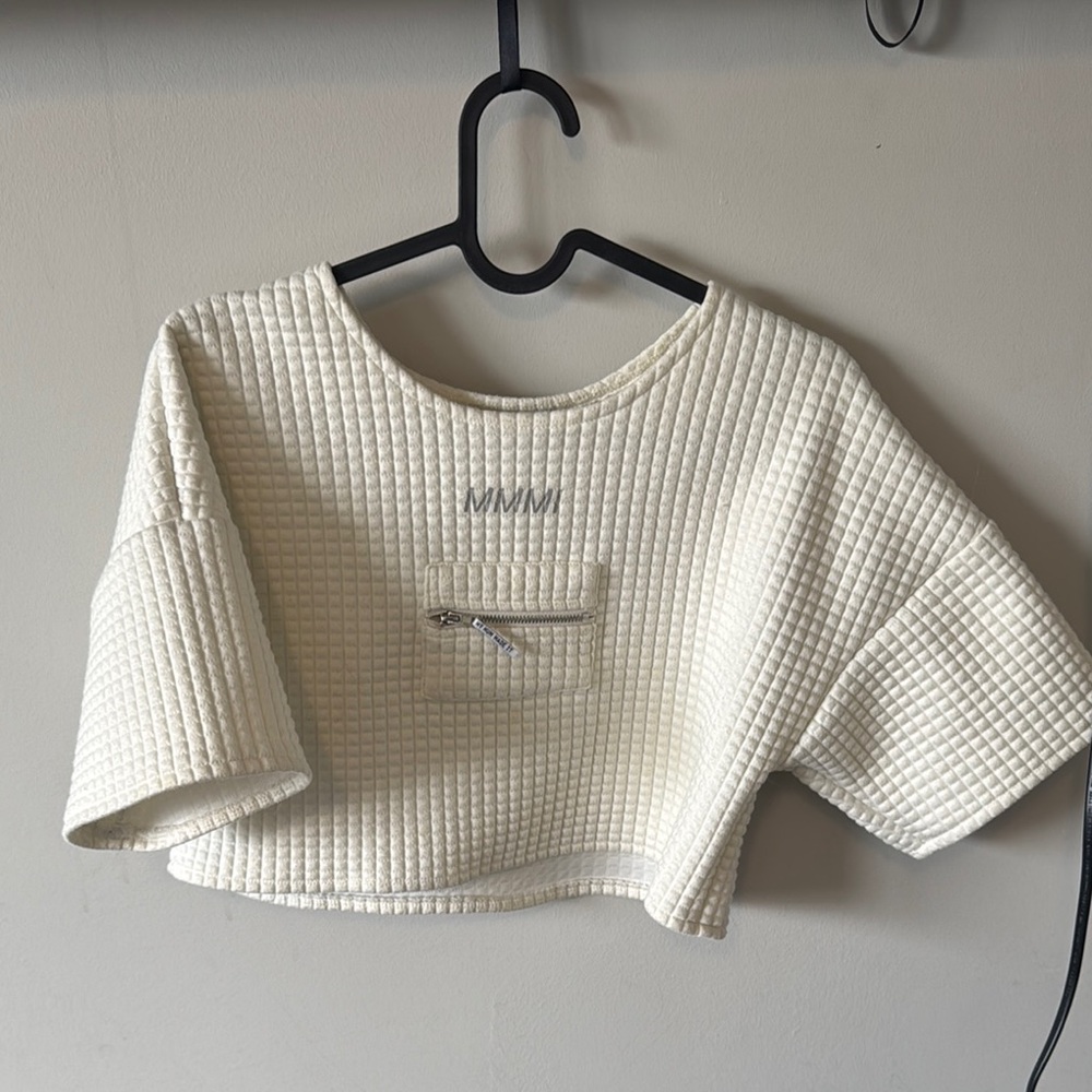 My mum made it- waffle Textured White Crop Top with Pocket